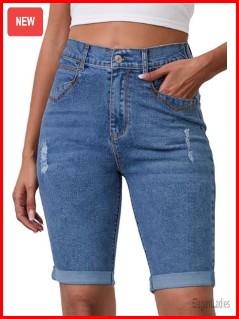 High Waisted Stretchy Elastic Waist Denim Bermuda Shorts Summer 10" Inseam Jorts